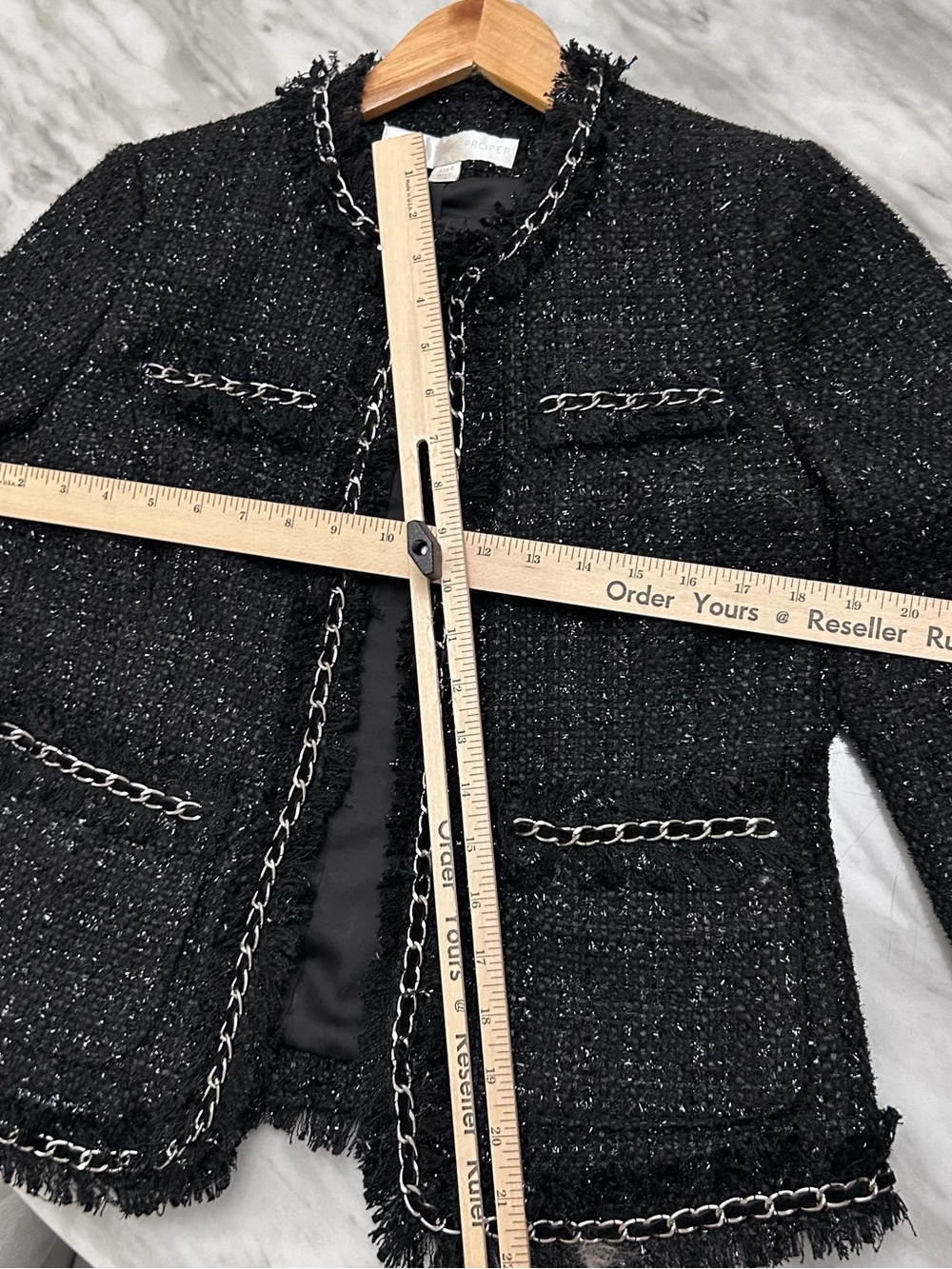 🫖MAKE OFFER Boston Proper Black Tweed Chain Trim Blazer Wool Blend Chanel inspo - Picture 6 of 8